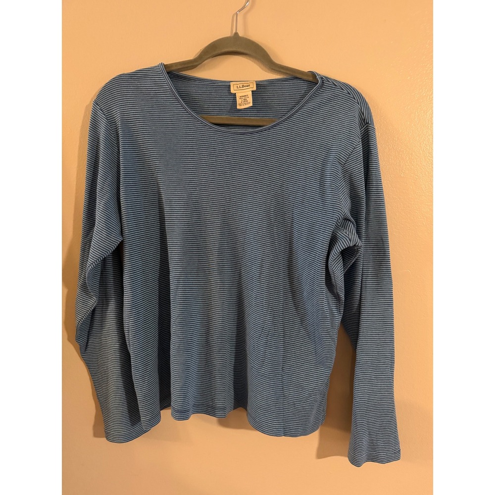 LL Bean Womens Blue Striped Long Sleeve Cotton Crewneck Shirt Large Regular L